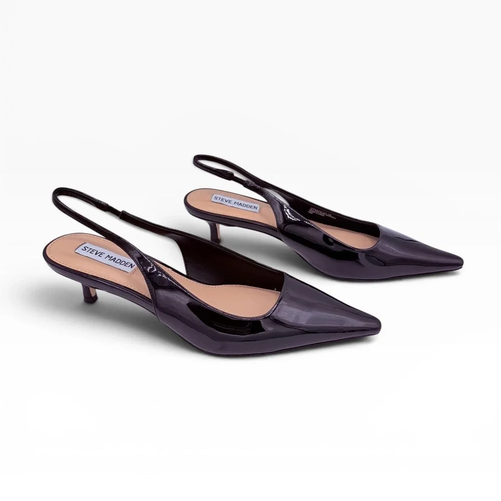 Steve Madden NWOB Kari Slingback Pump 8M Black Patent Pointed Toe Kitten Heel - Picture 1 of 8